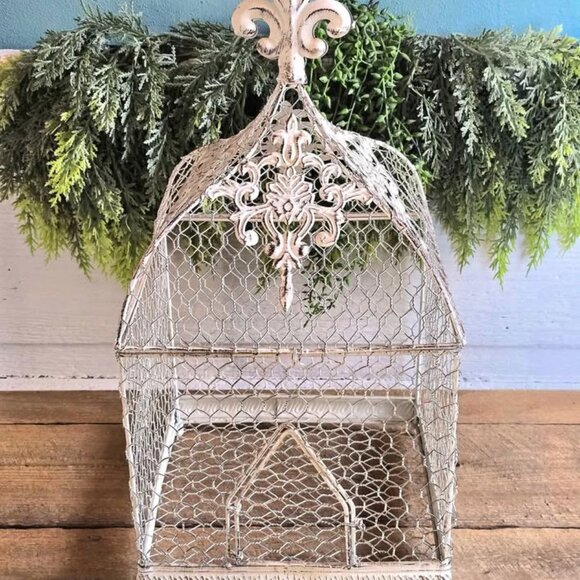 Distressed Shabby Chic White Chicken Wire Fleur de Lis Cage Box Farmhouse Decor - Picture 2 of 11